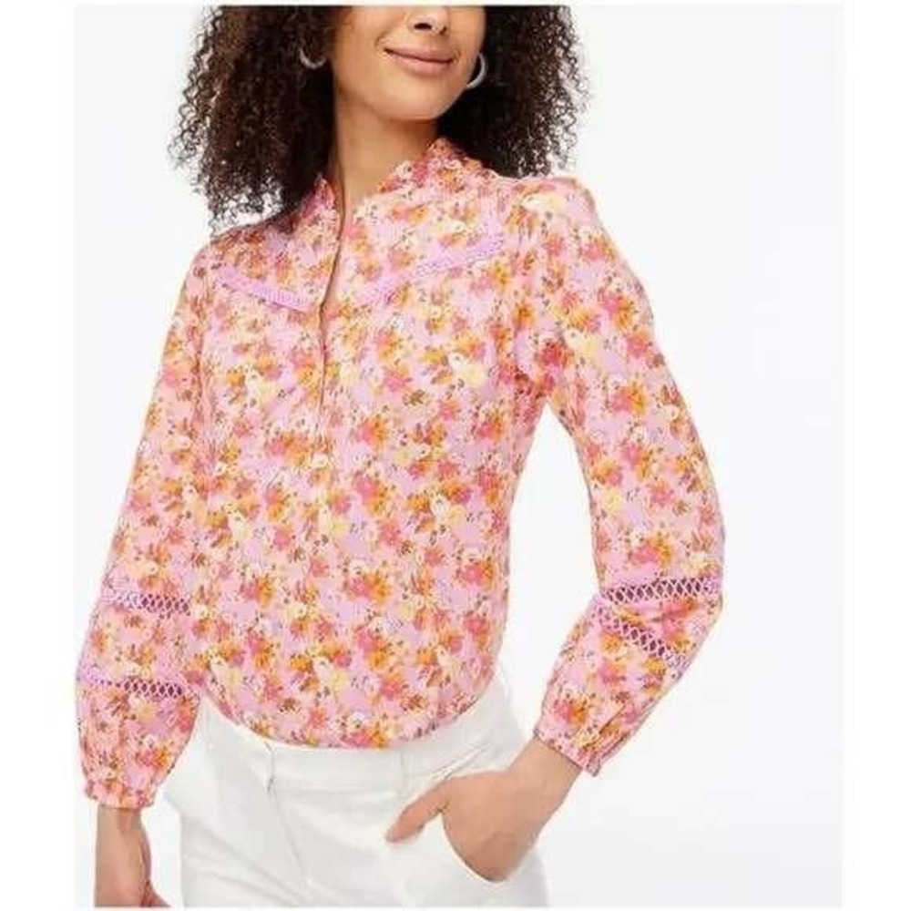 J.Crew Pink Floral Cotton Voile Lace Trim Ruffle Blouse Top NEW XL Spring Boho